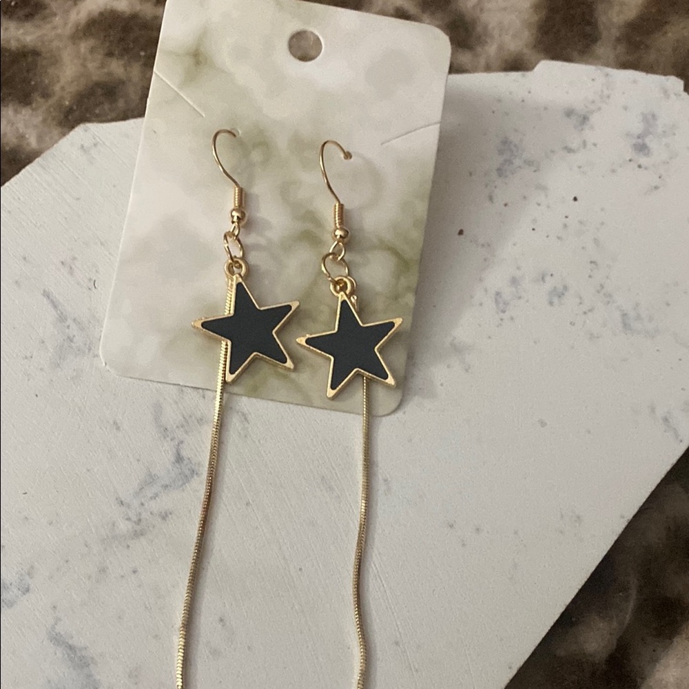 Gold and Black Star Dangle Earrings